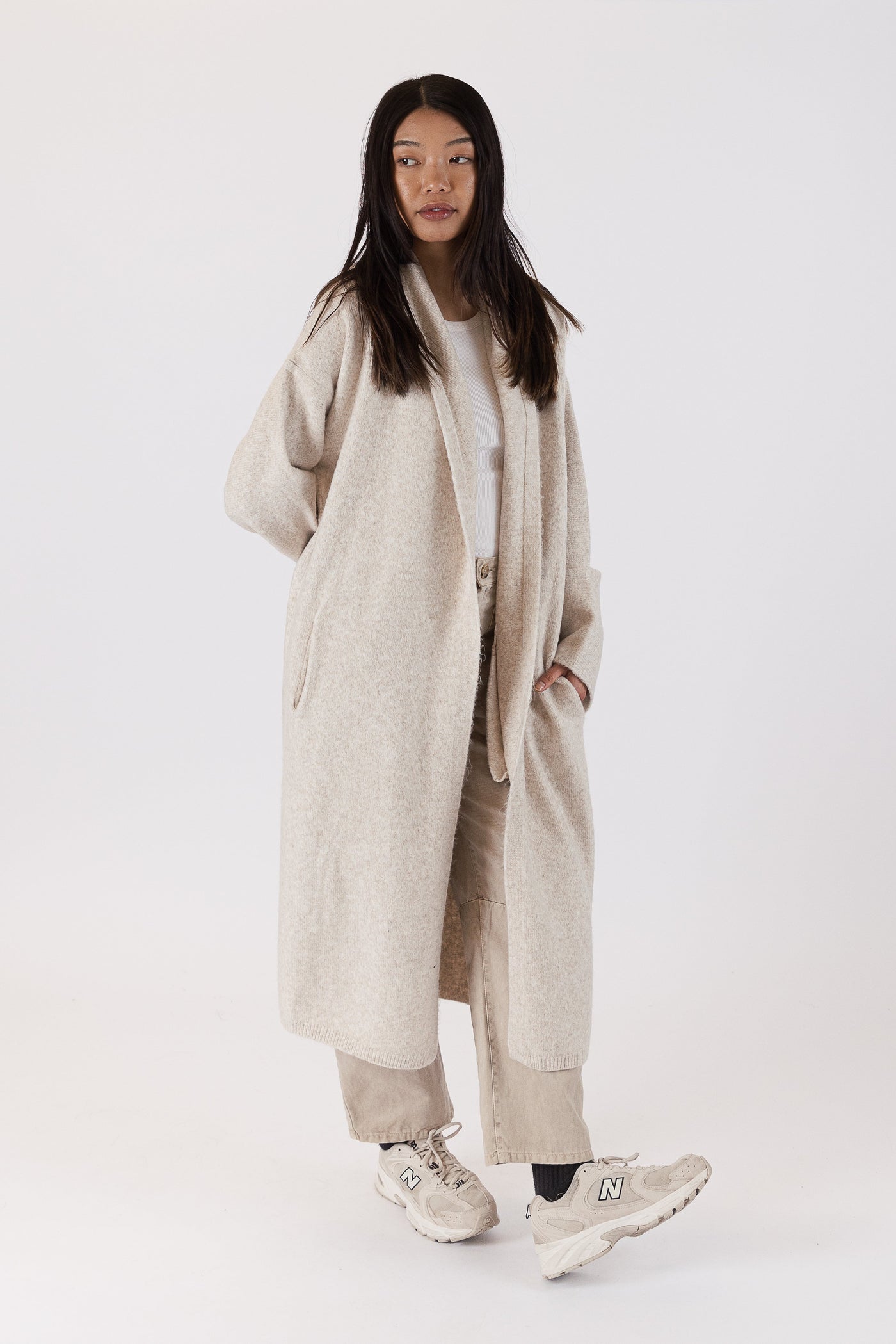 The Pink Door Shawl Collar Knit Coat - Beige