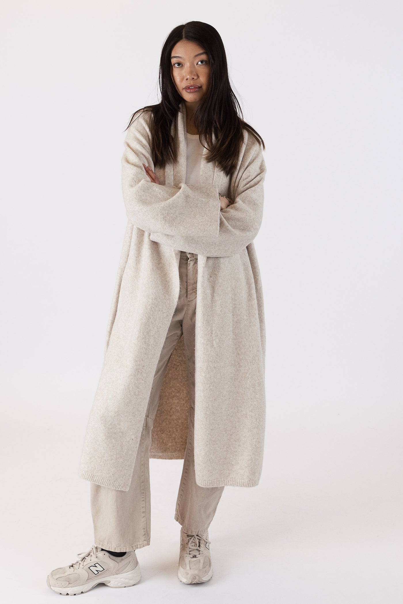 The Pink Door Shawl Collar Knit Coat - Beige