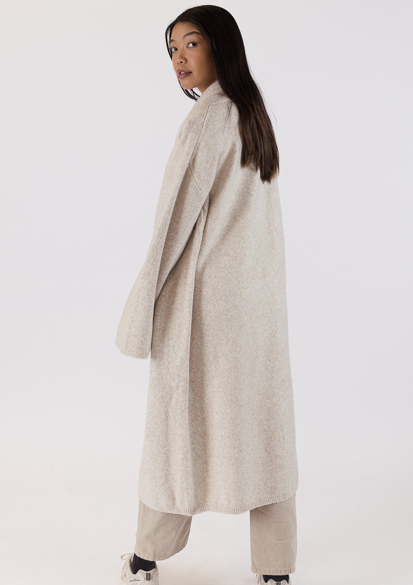The Pink Door Shawl Collar Knit Coat - Beige