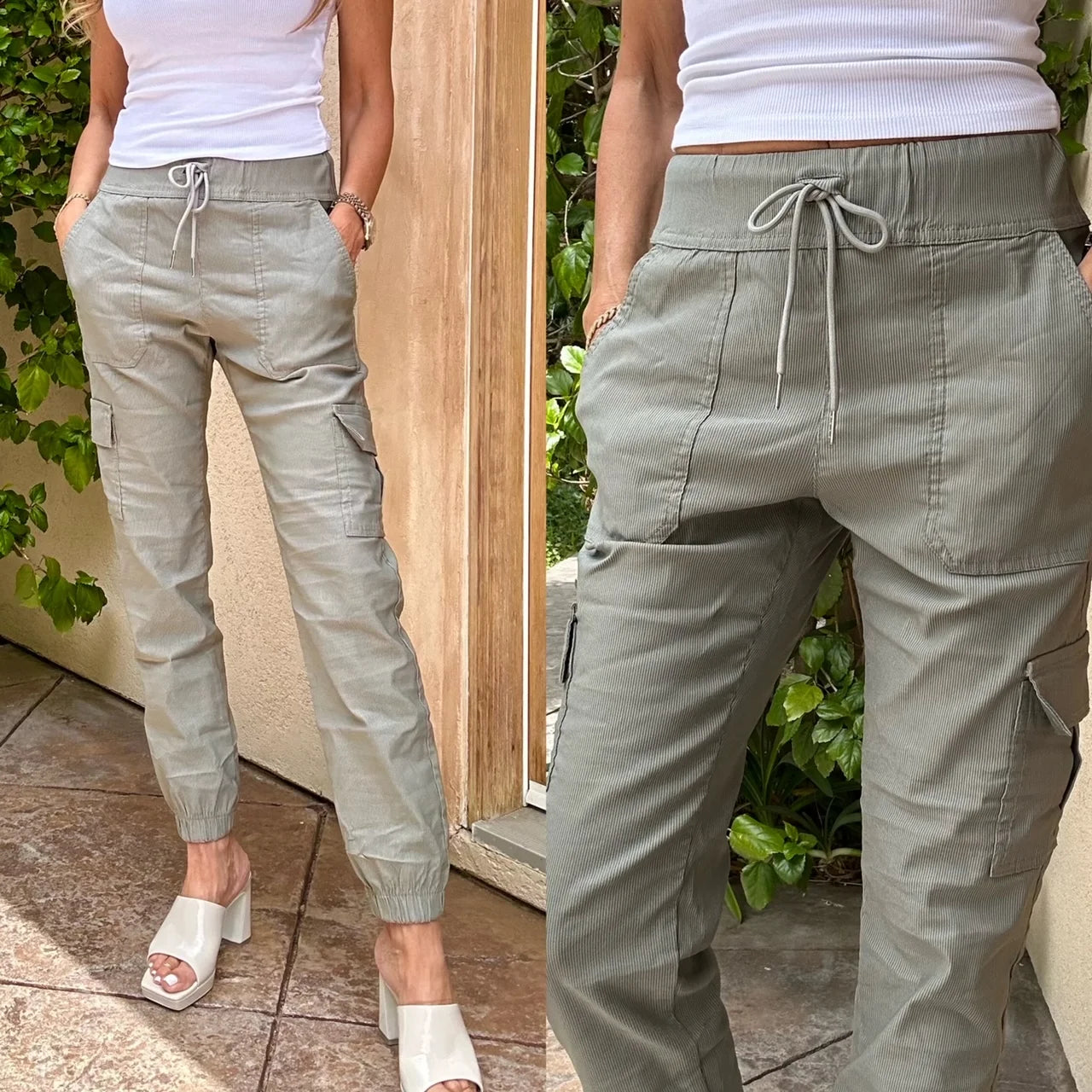 Bevy Flog Pinstripe Pull On Cargo Pants - Sage Green