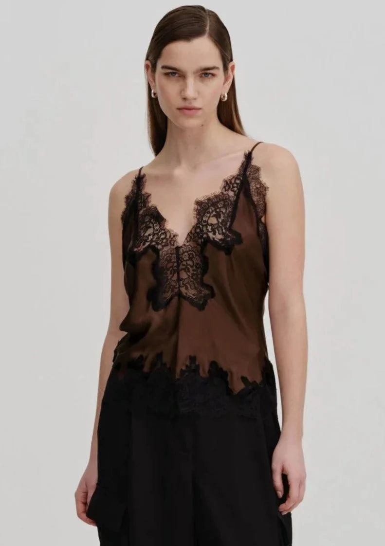 Birgitte Herskind Zew Lace Trim Silky Cami - Dark Chocolate