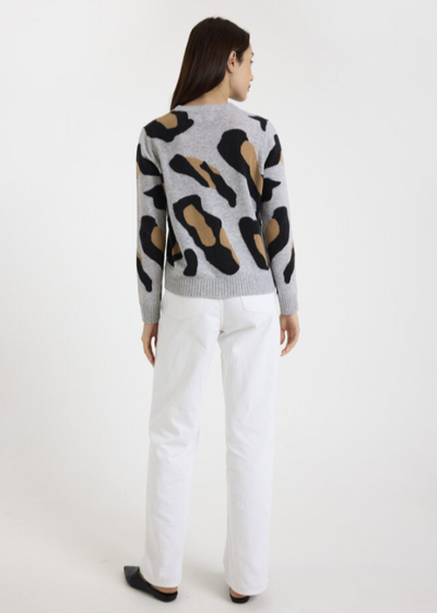 Brodie Abstract Leopard Cashmere Crewneck Sweater Grey/Camel