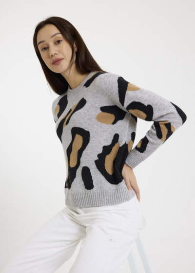 Brodie Abstract Leopard Cashmere Crewneck Sweater Grey/Camel