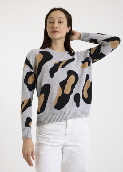 Brodie Abstract Leopard Cashmere Crewneck Sweater Grey/Camel