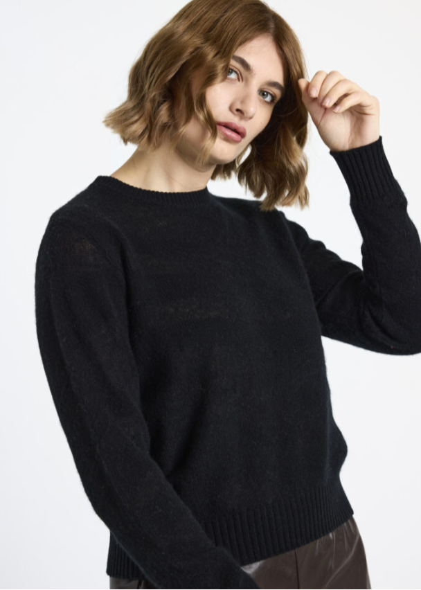 Brodie Mix Gauge Zebra Cashmere Crewneck Sweater Black