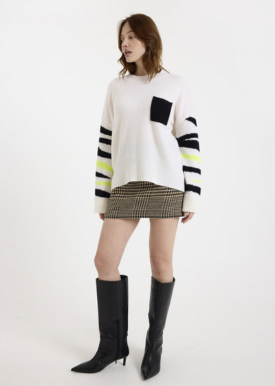 Brodie Pop Zebra Cashmere Boyfriend Sweater Organic White/Black Neon