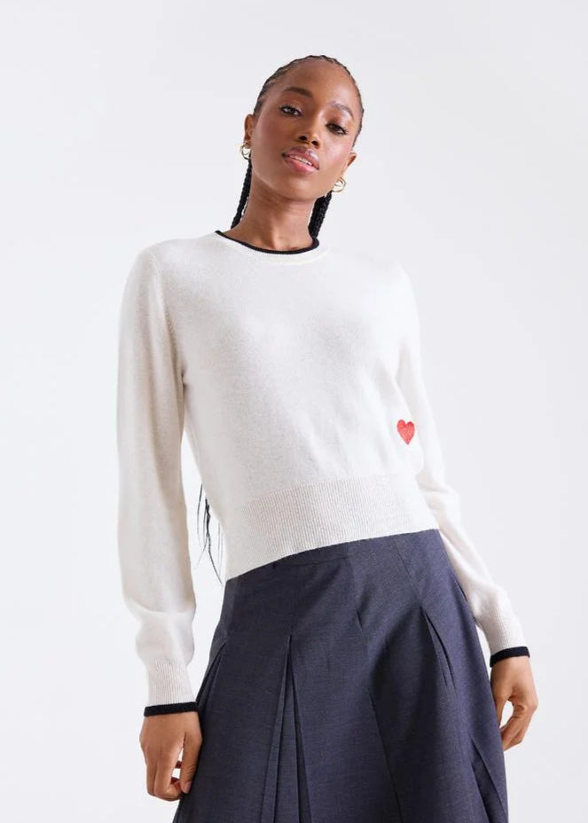 Brodie Queen of Hearts Cashmere Crewneck Organic White/Red Black