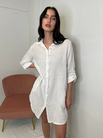 The Pink Door Short Linen Dress - White