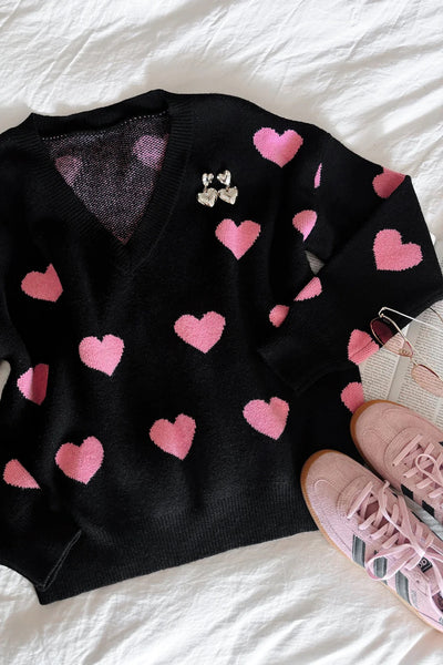 Beach Riot Joey Oversized Sweater w/ Pink Hearts - Black