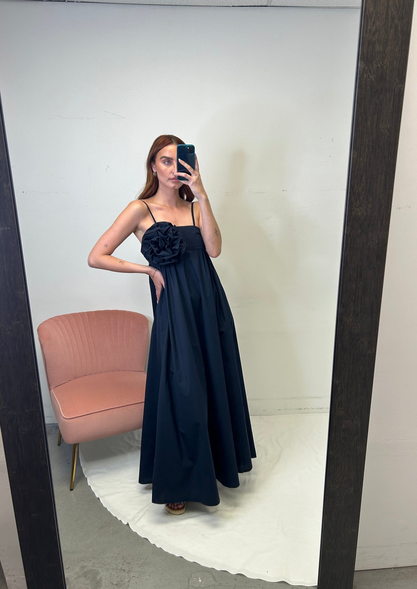 The Pink Door Cotton Maxi Rosette Dress - Navy