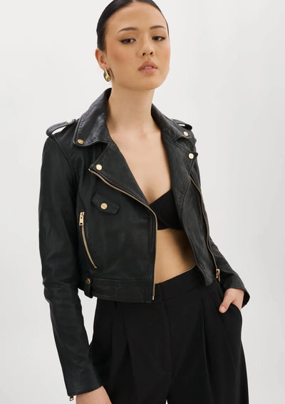 Lamarque Ciara Leather Biker Jacket w/ Gold Hardware - Black