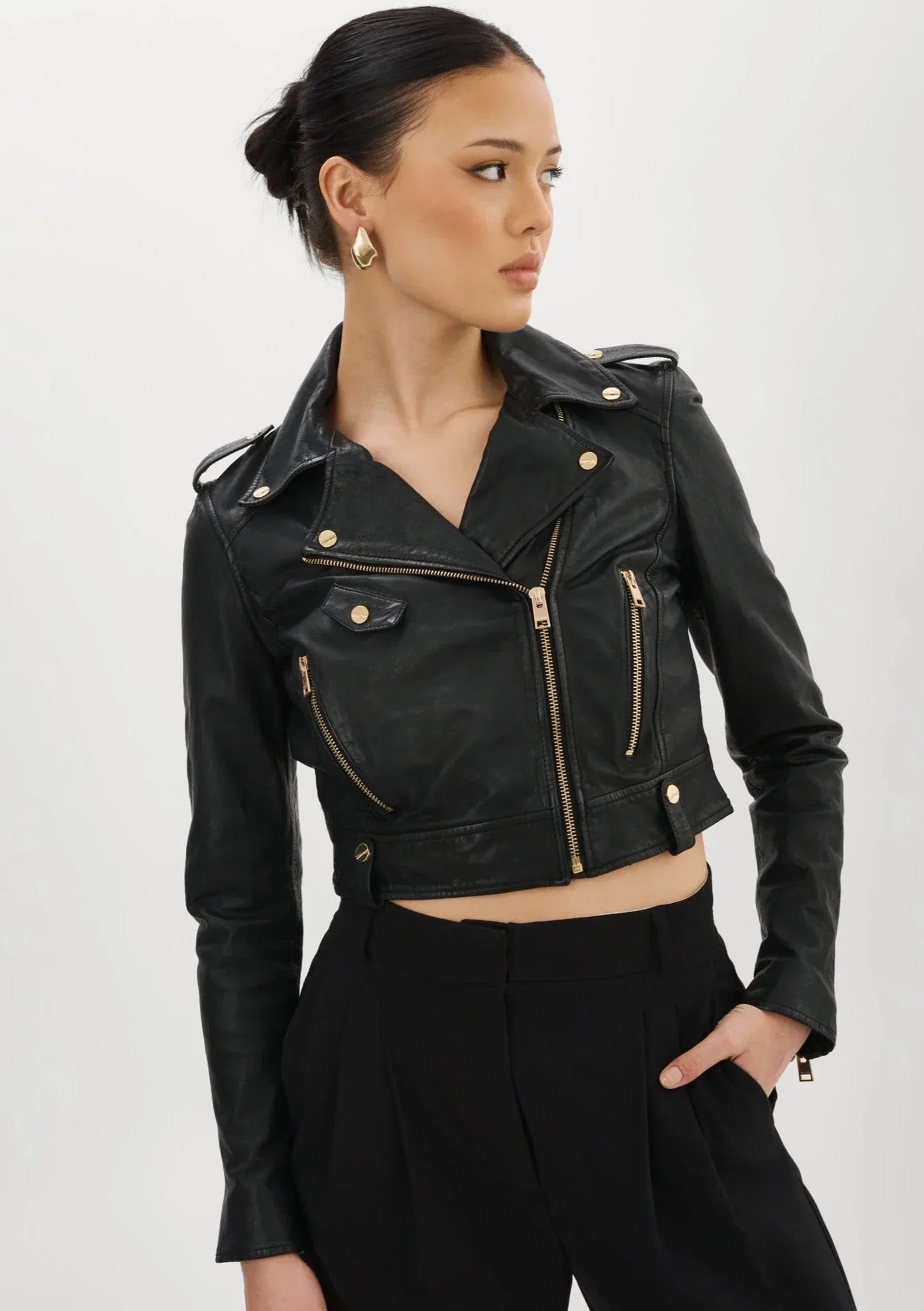 Lamarque Ciara Leather Biker Jacket w/ Gold Hardware - Black