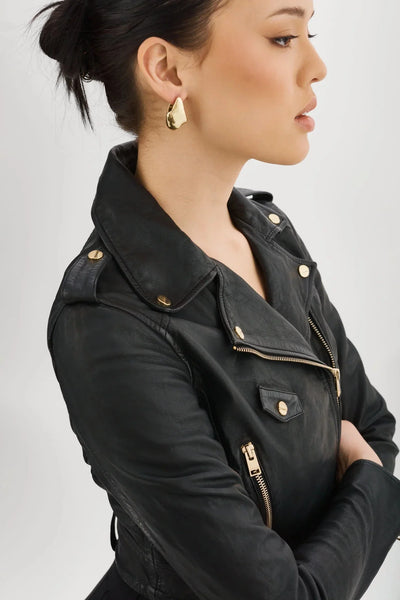 Lamarque Ciara Leather Biker Jacket w/ Gold Hardware - Black