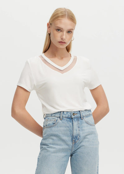 CHRLDR Tulle Inserts V-Neck Fitted T-Shirt White