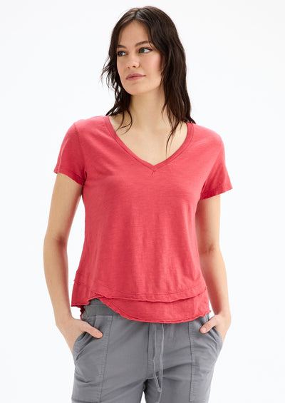 CHRLDR Ava V-Neck Mock Layer T-shirt - Hibiscus