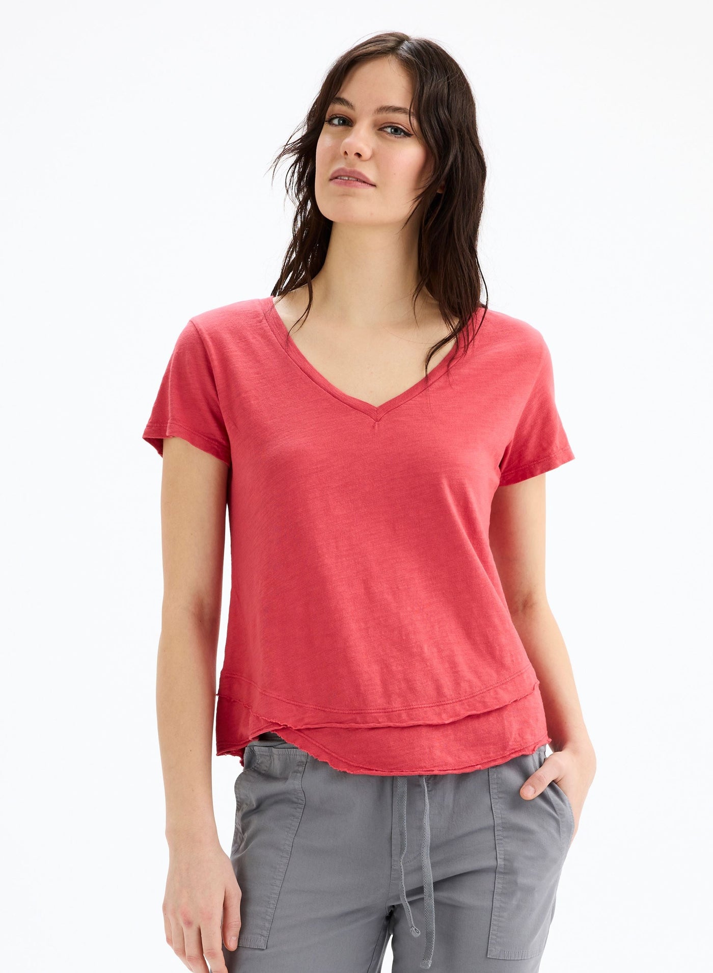 CHRLDR Ava V-Neck Mock Layer T-shirt - Hibiscus