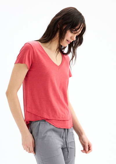 CHRLDR Ava V-Neck Mock Layer T-shirt - Hibiscus