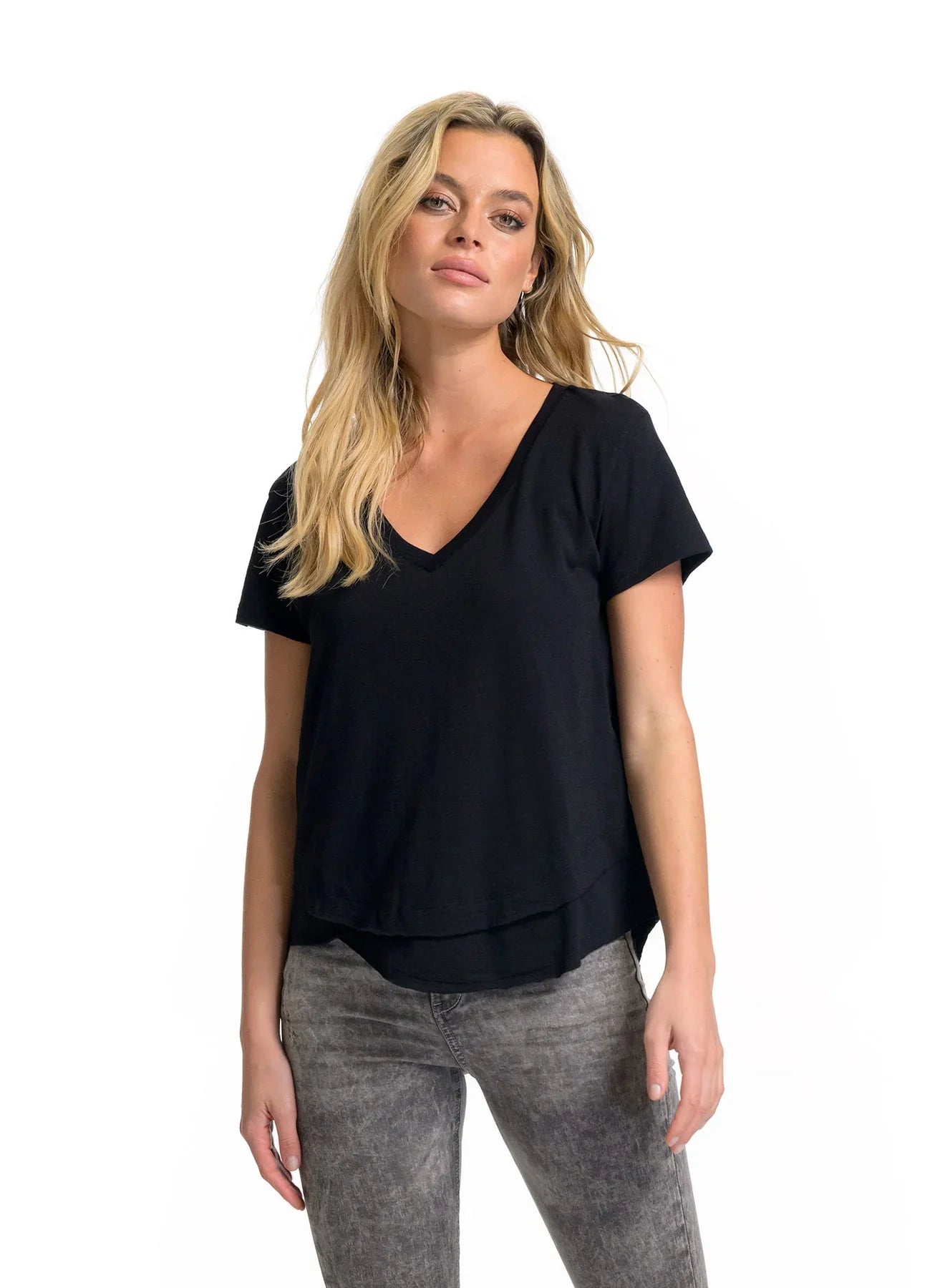 CHRLDR Ava V-Neck Mock Layer T-shirt - Black