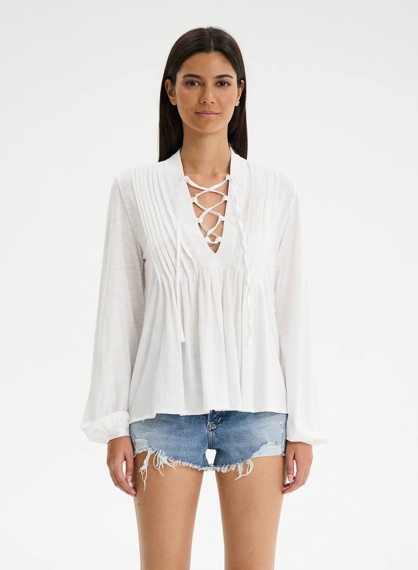 CHRLDR Helga Pleated Lace Up L/S Top - White