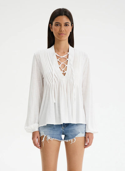 CHRLDR Helga Pleated Lace Up L/S Top - White