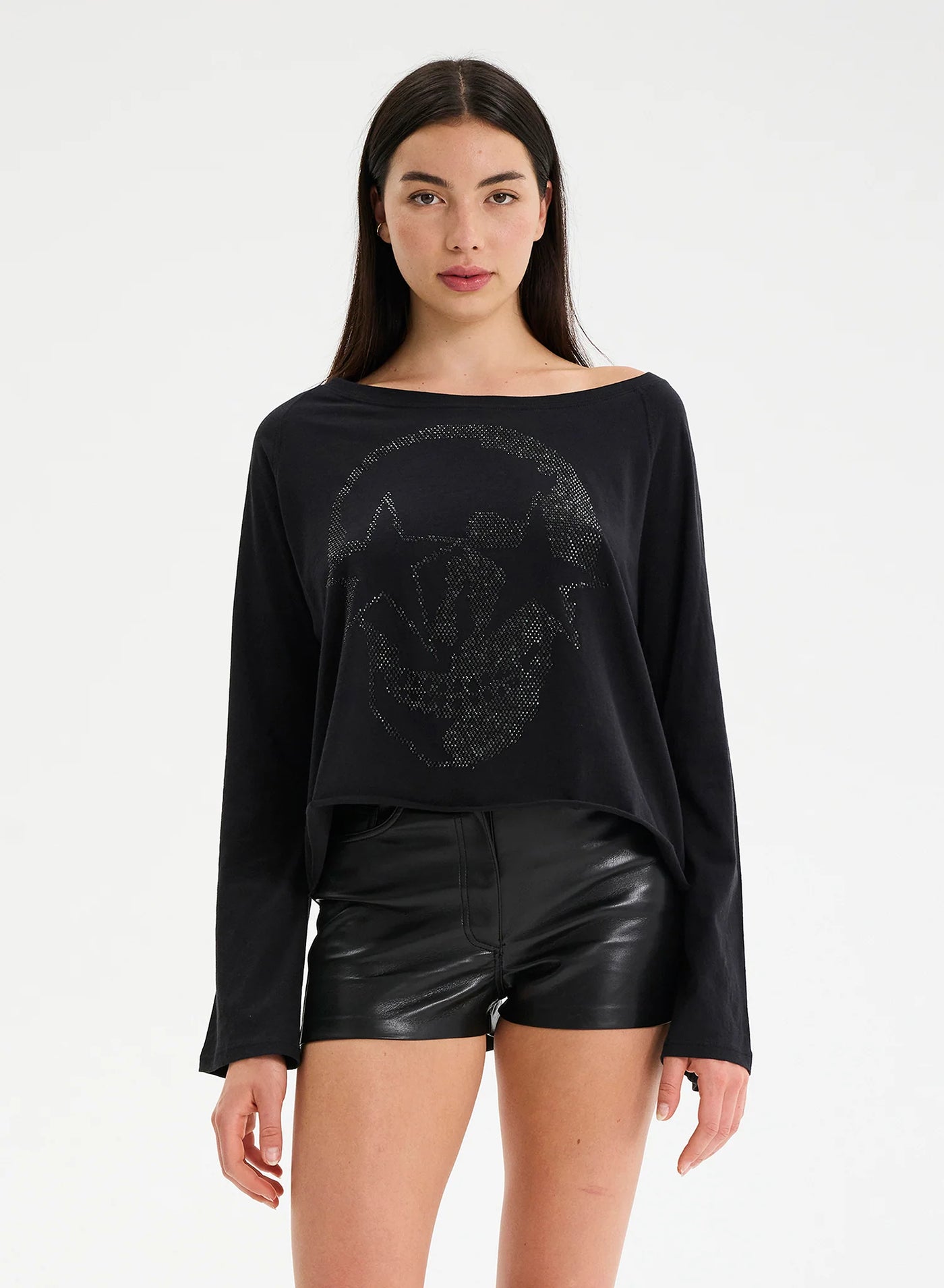 CHRLDR Anita Skull Embellished L/S Boatneck Top - Black