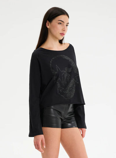 CHRLDR Anita Skull Embellished L/S Boatneck Top - Black