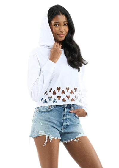 CHRLDR Eyelet Hearts Cutout Pullover Hoodie - White