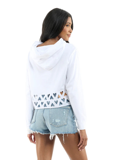CHRLDR Eyelet Hearts Cutout Pullover Hoodie - White