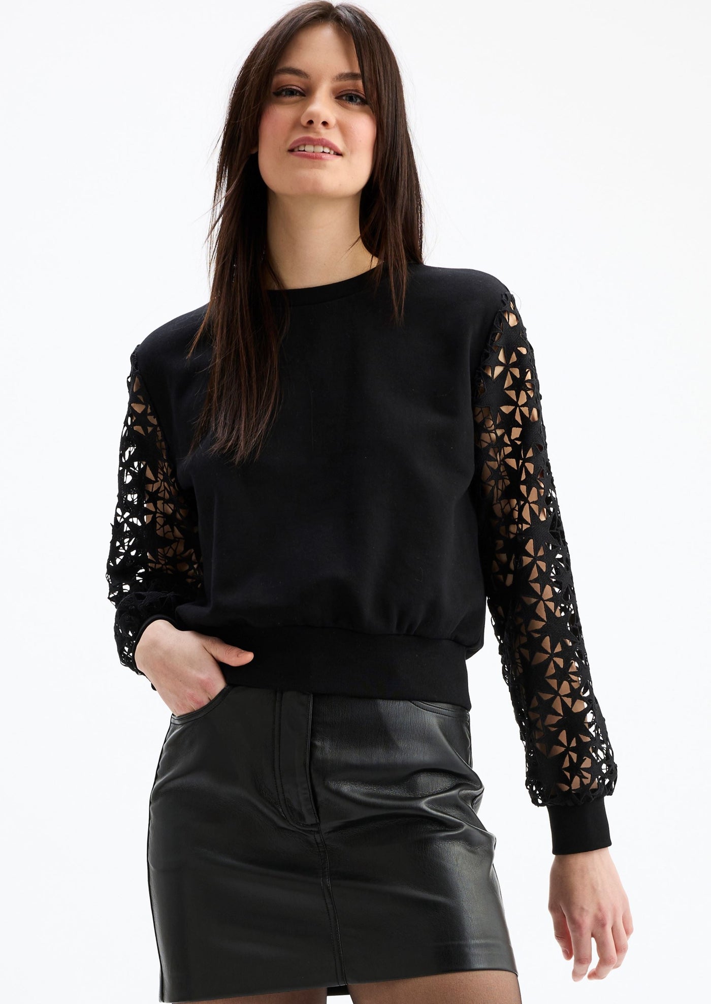 CHRLDR Round Neck Crochet Stars Sleeves Sweatshirt - Black