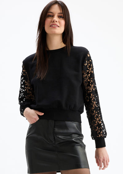 CHRLDR Round Neck Crochet Stars Sleeves Sweatshirt - Black