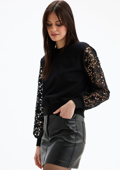 CHRLDR Round Neck Crochet Stars Sleeves Sweatshirt - Black