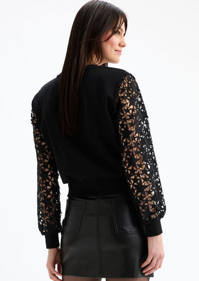 CHRLDR Round Neck Crochet Stars Sleeves Sweatshirt - Black