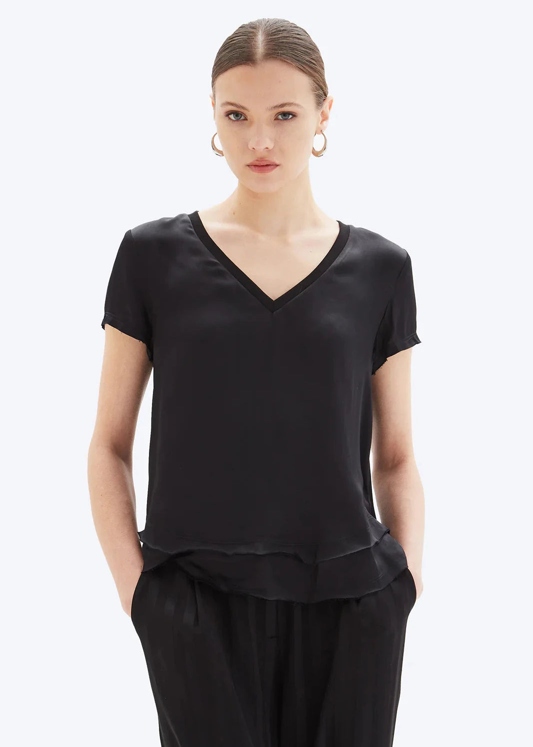 CHRLDR Ava V - Neck Mock Layer Tee Black