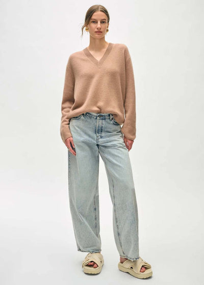 White + Warren Cashmere Rib Trim V-neck Camel
