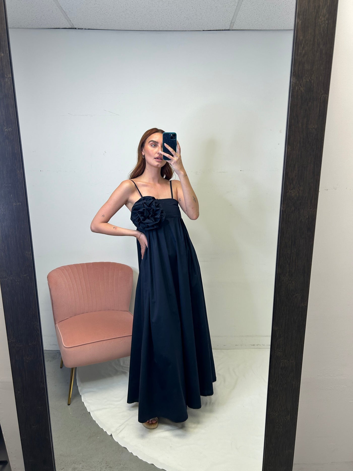 The Pink Door Cotton Maxi Rosette Dress - Navy