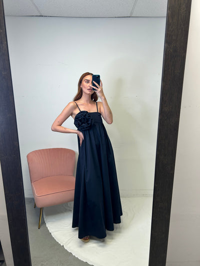 The Pink Door Cotton Maxi Rosette Dress - Navy