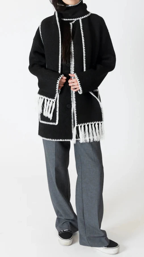 Lyla & Luxe Short Coat w/ Whip Stitch Scarf Black