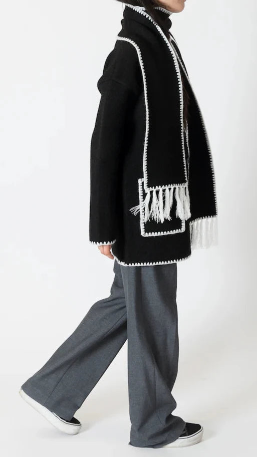 Lyla & Luxe Short Coat w/ Whip Stitch Scarf Black