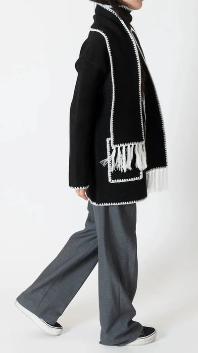 Lyla & Luxe Short Coat w/ Whip Stitch Scarf Black