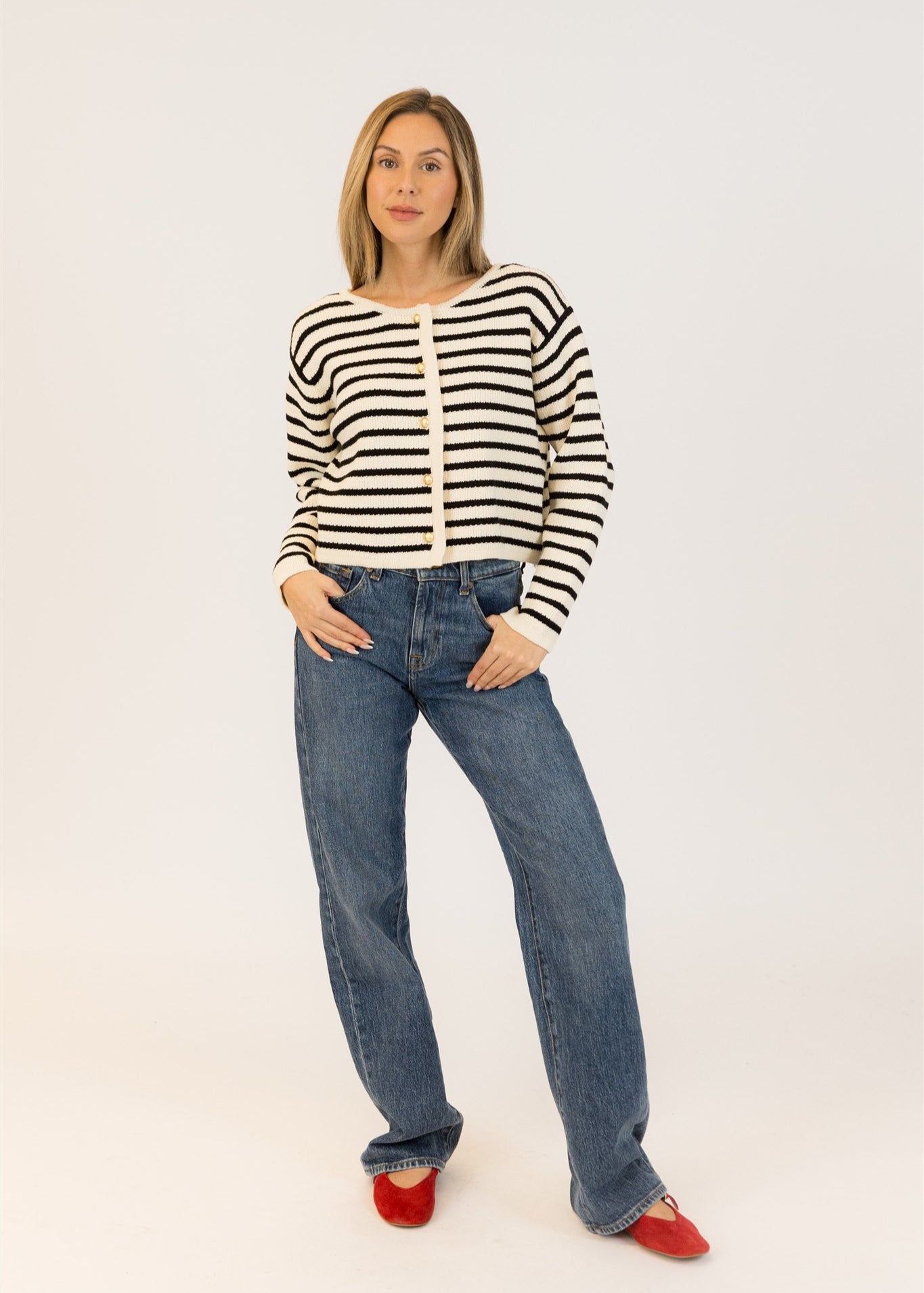 Lyla & Luxe Stripe Cardi White/Black