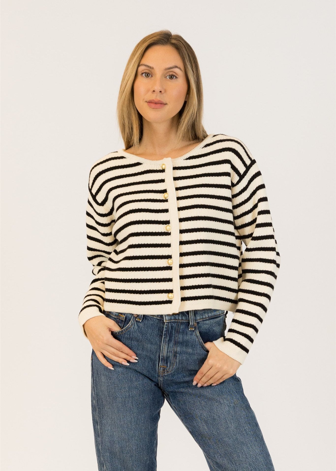 Lyla & Luxe Stripe Cardi White/Black