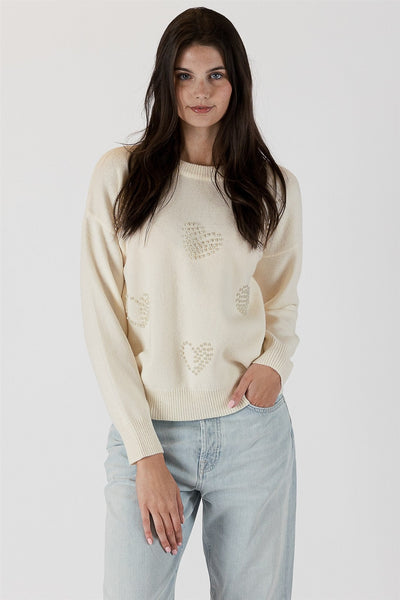 The Pink Door Crewneck Sweater w/ Pearl Heart Embellishment - Off White