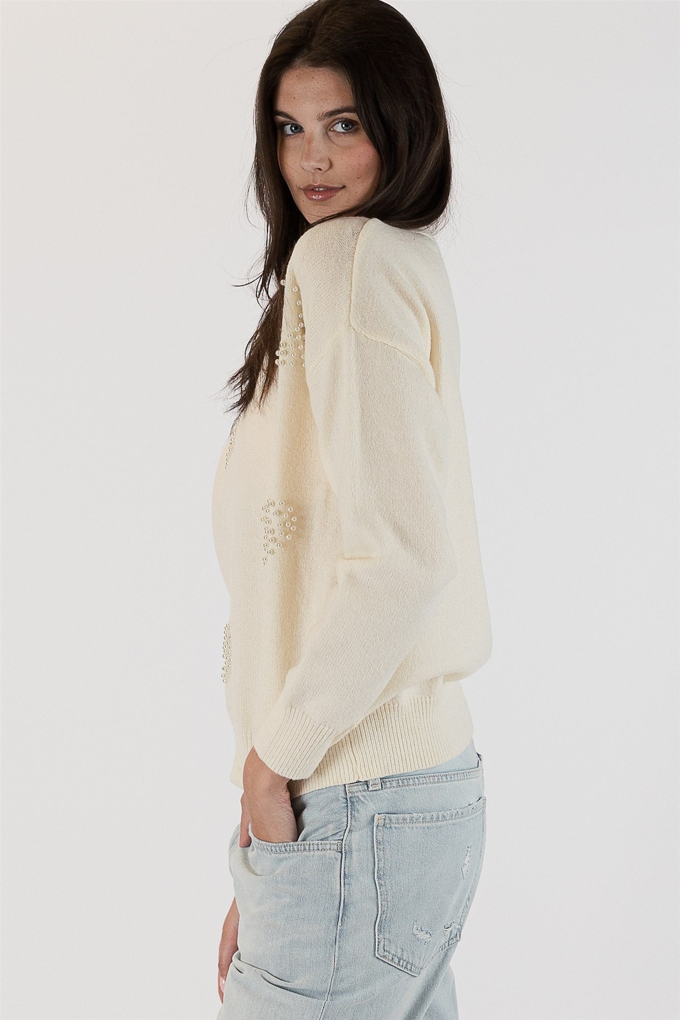 The Pink Door Crewneck Sweater w/ Pearl Heart Embellishment - Off White