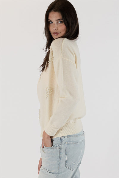 The Pink Door Crewneck Sweater w/ Pearl Heart Embellishment - Off White