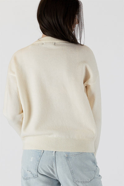The Pink Door Crewneck Sweater w/ Pearl Heart Embellishment - Off White
