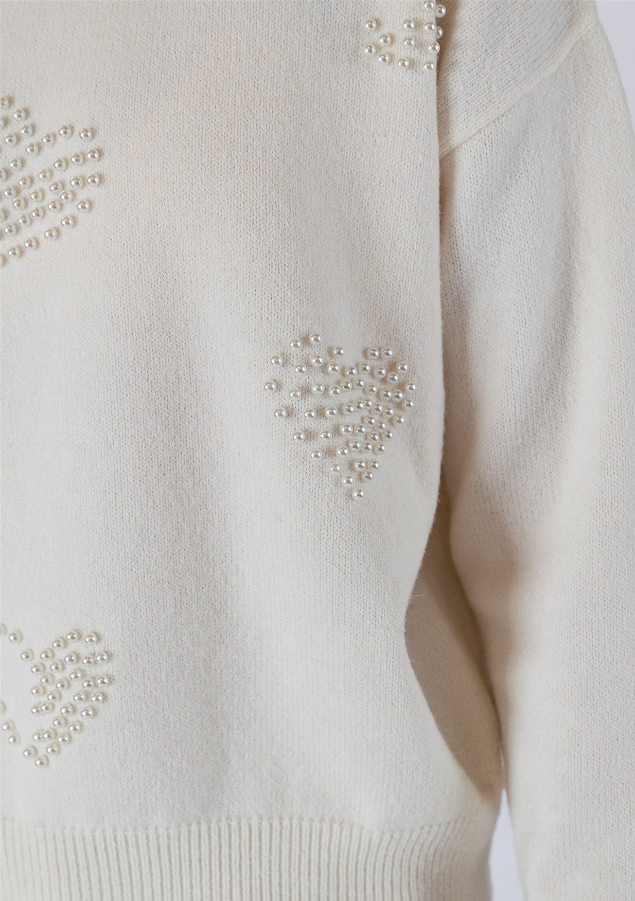 The Pink Door Crewneck Sweater w/ Pearl Heart Embellishment - Off White