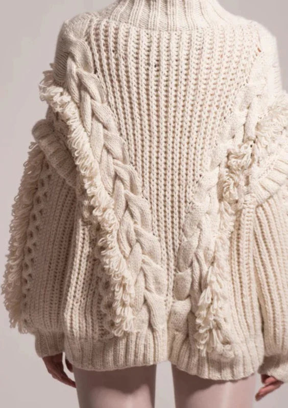 First Born Knits Anastasia Cable Knit Wool Sweater w/ Tassels - Off White