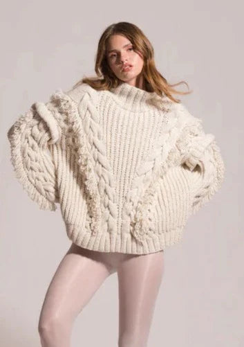 First Born Knits Anastasia Cable Knit Wool Sweater w/ Tassels - Off White