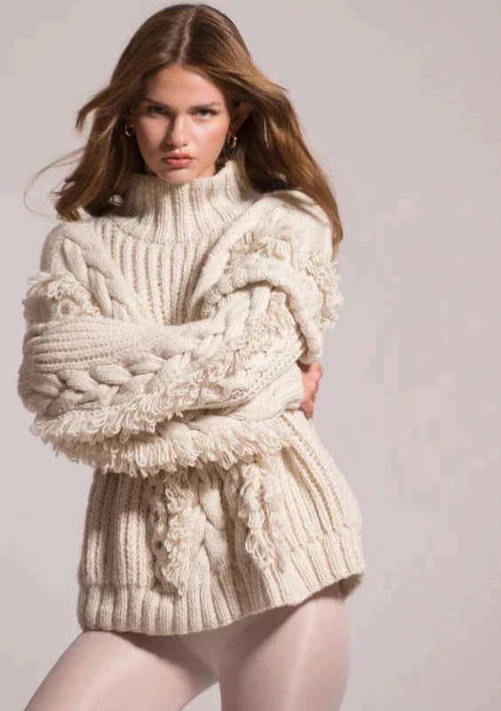 First Born Knits Anastasia Cable Knit Wool Sweater w/ Tassels - Off White