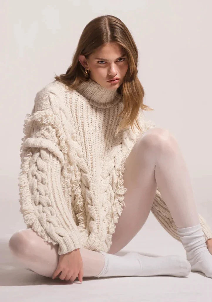 First Born Knits Anastasia Cable Knit Wool Sweater w/ Tassels - Off White